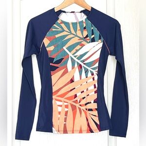 Title Nine “Palmy” Rash Guard Ling Sleeve Swim Top Tropical Print Navy Blue Sz S